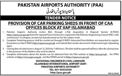 Pakistan Airports Authority Karachi Tender Notice